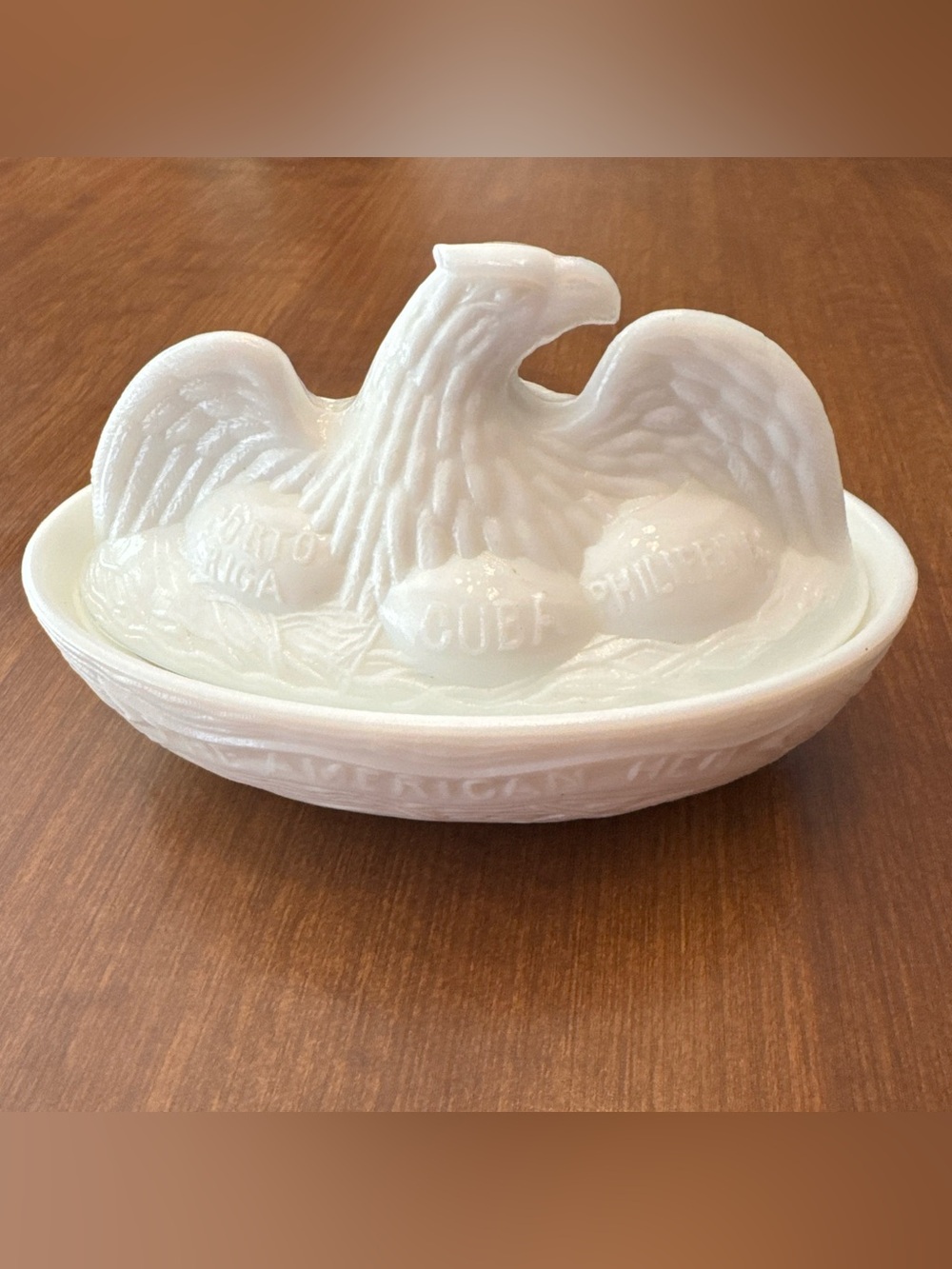 The American Hen on Nest Milk Glass Eagle Candy Dish EUC 250 years